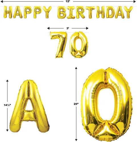 Miniatura 2 de Beistle Cartel de globo de feliz cumpleaños número 70, letras inflables de Mylar para colgar, suministros de fiesta, color dorado, de 14.5 a 25 x