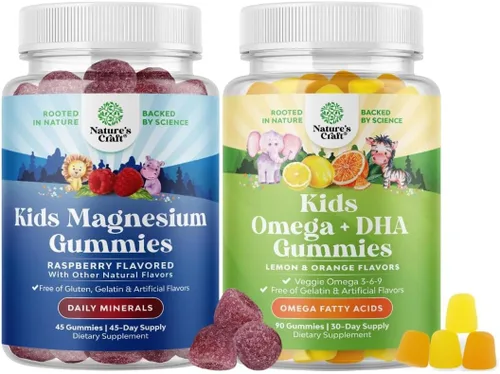 Paquete de gomitas de magnesio para niños, suplemento relajante de citrato de mg con sabor a frambuesa y gomitas DHA Omega 3 para niños, delicioso