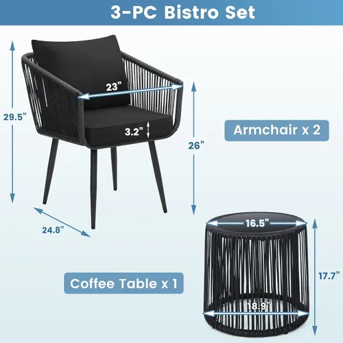Miniatura 5 de Kromax Juego de conversación bistró de ratán para patio de 3 piezas, juego de sillas y mesa auxiliar de muebles de ratán para exteriores resistente