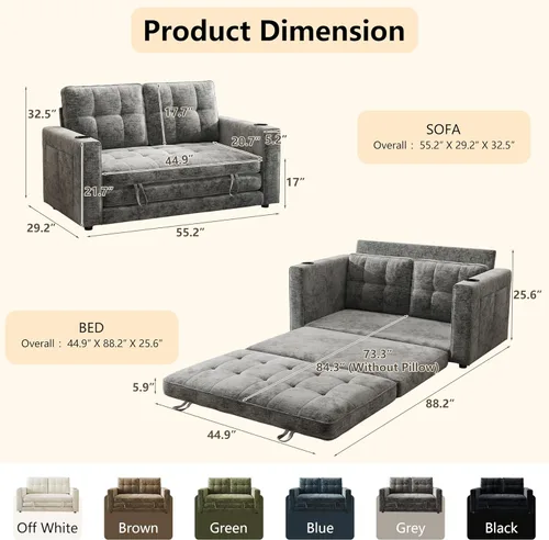 Miniatura 3 de WorthFurni Sofá Cama Convertible, Sofá Cama Plegable 2 en 1, Loveseat Sofá Cama Extraíble, Sofá Cama de Piso para Espacios Pequeños, Sofá Cama Gris