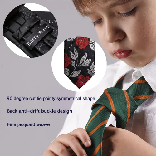 Miniatura 289 de Barry.Wang Corbata de niño regular seda tejida rayas sólido lazo bolsillo cuadrado