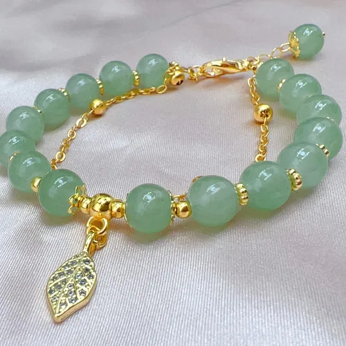 Miniatura 8 de CJIAYUJEW Hotan - Pulsera de hoja de jade natural de 2 capas de nefrita verde para mujer, diseño de cuentas redondas con dije de hoja de circón