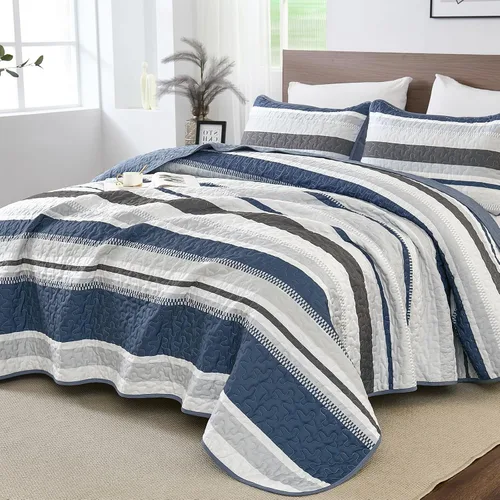 Miniatura 16 de WONGS BEDDING Juego de Edredón Full, Juego de Colcha y Cubrecama de 3 Piezas a Rayas Negras, Edredones Ligeros de Verano Tamaño Full para Cama