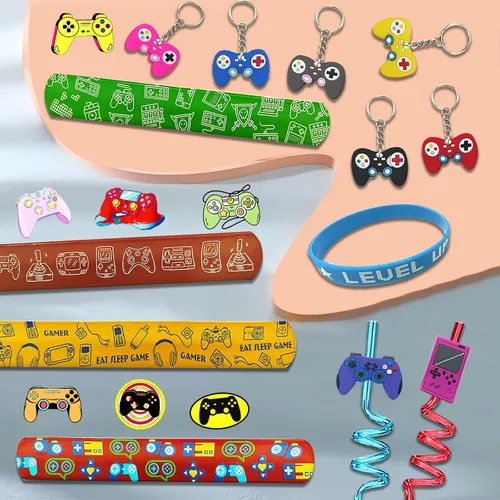 Miniatura 4 de 110 piezas de regalos de fiesta de videojuegos, suministros para fiesta de cumpleaños con pajitas reutilizables para beber, llaveros, cajas
