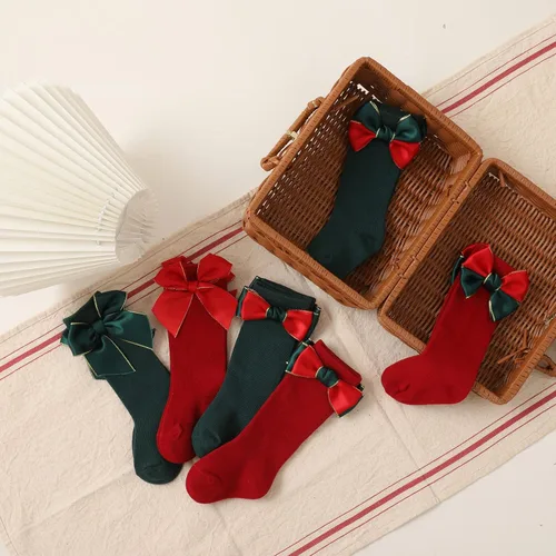Miniatura 5 de Rarjuiey 2 pares de calcetines de Navidad para bebés y niñas pequeñas, medias de lazo alto hasta la rodilla, calcetines de algodón para recién