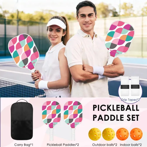 Miniatura 8 de Juego de 2 palas de pickleball de fibra de vidrio, 2 raquetas de pickleball, 4 bolas, 2 agarres y 1 bolsa de transporte portátil, paquete de 2 Rosado