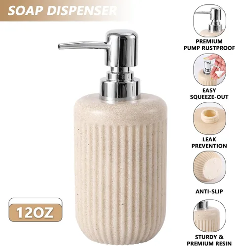 Miniatura 3 de XLHOMO Juego de accesorios de baño de resina beige de 5 piezas, dispensador de jabón y loción, soporte para cepillo de dientes, vaso de baño, porta