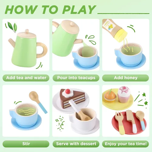 Miniatura 3 de GAGAKU Juego de té de madera y platos de madera 2 en 1, juego de comida de juguete 28 piezas Montessori Play Accesorios de cocina para niños