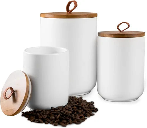 Juego de recipientes blancos para cocina, 3 recipientes de cerámica con tapa de madera hermética, tarro de almacenamiento de alimentos, recipientes