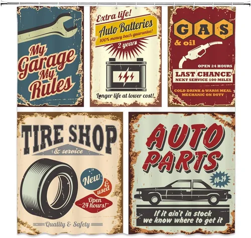 Cortina de ducha para automóvil, estilo retro de los años 50, accesorios antiguos para automóvil, póster de reparación estadounidense, placa de