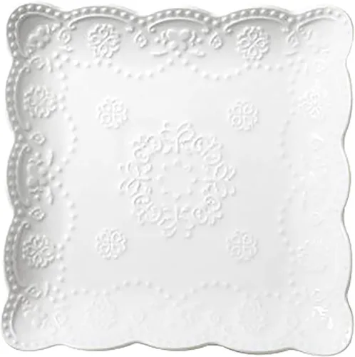 Miniatura 8 de Eplze YBK Tech - Elegante plato cuadrado de encaje en relieve, plato de postre de porcelana de hueso para desayuno o té de la tarde