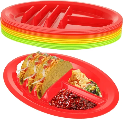 Acrux7 - 12 platos de plástico para tacos para fiestas, platos grandes para tacos con divisores, capacidad para 3 tacos, 2 áreas de inmersión,