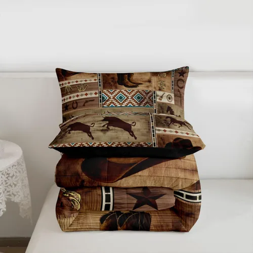 Miniatura 6 de Juego de ropa de cama de vaquero occidental, juego de edredón tamaño Queen para niños y hombres, ropa de cama azteca, rústico, granja, herradura