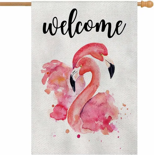 Miniatura 24 de AOYEGO Banderas de casa de flamenco con acentos de temporada, 28 x 40 pulgadas, arpillera de doble cara, acuarela, dos flamencos en la playa
