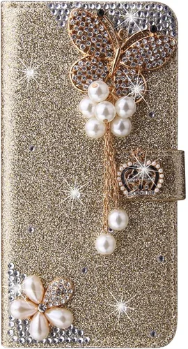 Miniatura 9 de XYX Funda tipo cartera para Samsung Galaxy A32 5G, Bling Glitter Crown Butterfly Diamond Flip Card Slot Luxury Girl Women Phone Cover - Negro