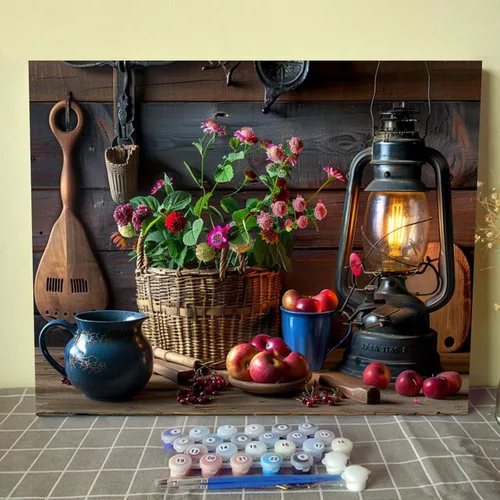 Miniatura 20 de Kits de pintura por números para adultos principiantes, pintura al óleo sobre lienzo de 16 x 20 pulgadas, lámpara de flores y óleo, pigmento 4-Art-06
