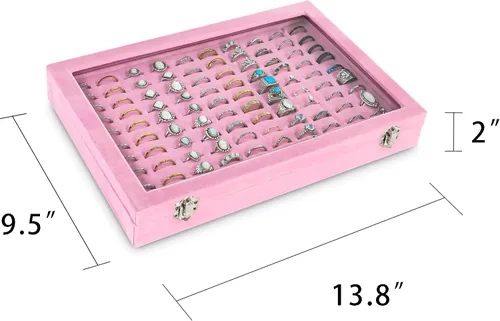 Miniatura 2 de Frebeauty Bandeja organizadora de anillos con 100 ranuras para anillos con tapa transparente, caja de almacenamiento de anillos de terciopelo