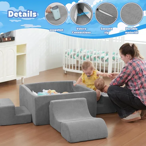 Miniatura 2 de STAOLENE Bloques de escalada de espuma suave con pozo de bolas, 6 juguetes grises de escalada para niños pequeños, juego de actividades de escalada