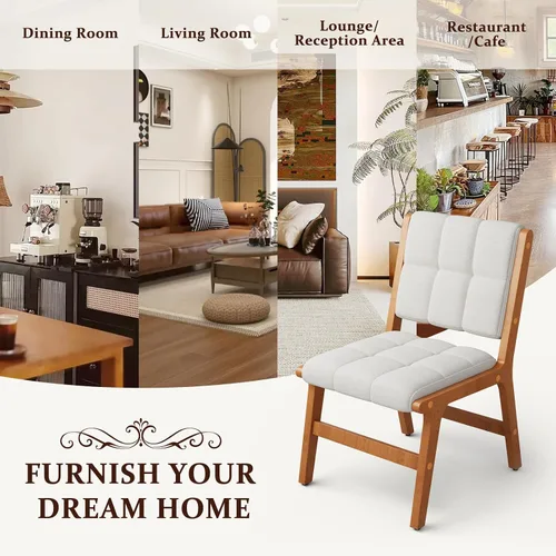 Miniatura 9 de Furniliving Juego de 2 sillas de comedor de madera de roble, silla de cocina tapizada de tela de lino moderna de mediados de siglo, sillas de Beige