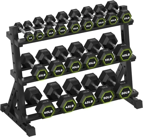 Miniatura 12 de HANDBODE Soporte para mancuernas de 3 niveles, estante de almacenamiento de capacidad de 1000 libras, estante de pesas para mancuernas, pesas rusas