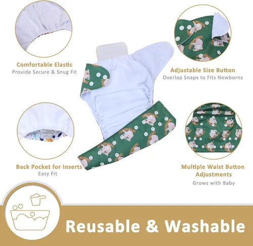 Miniatura 2 de TDIAPERS Pañales de tela reutilizables, lavables, de bolsillo, talla única, ajustable para pañales de tela a presión, paquete de 6 con 6 insertos