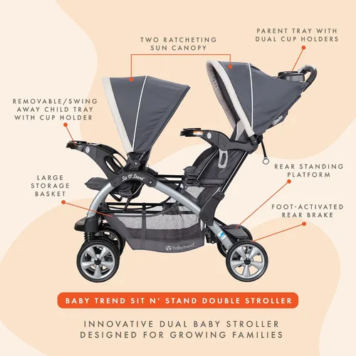 Miniatura 4 de Baby Trend Sit N' Stand Cochecito convertible de uso múltiple, fácil de plegar, para bebé y niño pequeño, con arnés de seguridad y canastilla