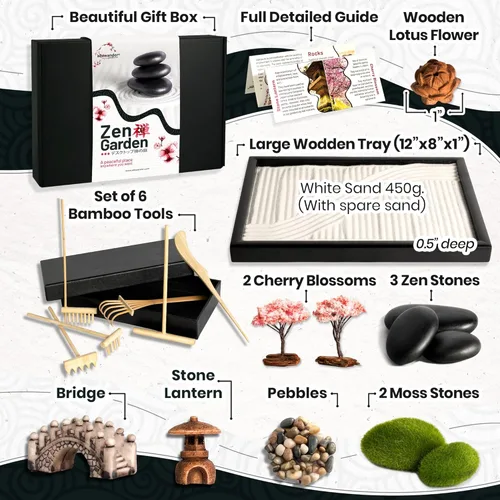 Miniatura 3 de Kit de jardín zen para escritorio, bandeja de arena de 12 x 8 pulgadas, juego de regalo japonés, 14 accesorios y 6 herramientas, mini jardín zen