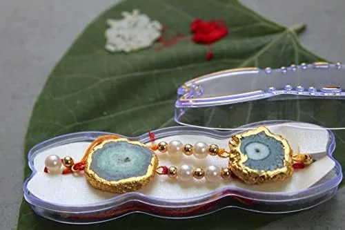 Miniatura 4 de HiJet Rakhi-Hijet - Paquete de 2 pulseras de hilo para hermano/Bhai On Rakshabandhan para protecciones y bendiciones, tamaño libre, Gema, Ágata