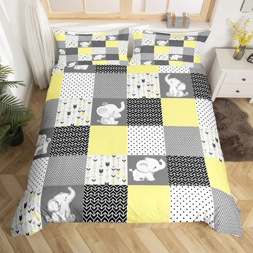Miniatura 13 de Homewish Juego de ropa de cama de elefante, tamaño Queen, funda de edredón a rayas azules para niños y niñas, juego de funda de edredón de animales