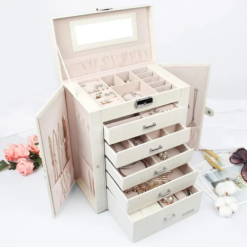 Miniatura 7 de Homde Caja de joyeríaorganizadorestuche 2 en 1 de piel sintética con estuche de viaje pequeño, regalo para niñas o mujeres (grano de madera blanca)