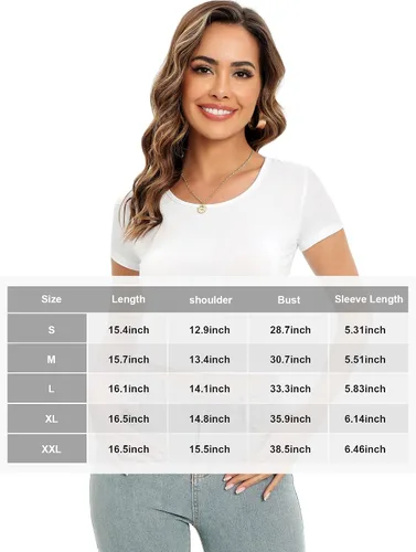 Miniatura 7 de Paquete de 4 camisetas cortas básicas ajustadas de manga corta para mujer, lindas camisetas cortas de moda con cuello redondo para mujeres