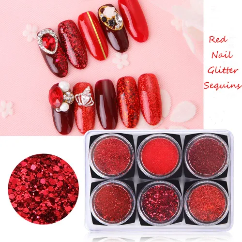 Miniatura 3 de Juego de 6 cajas de lentejuelas con purpurina para arte de uñas, polvo de diamante de cristal rojo, 3D, holográfico, escamas brillantes, juego