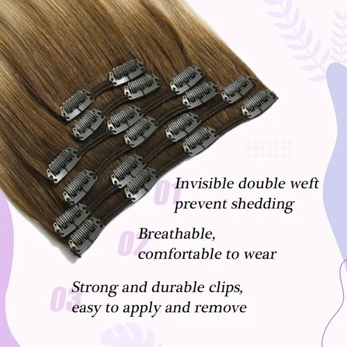 Miniatura 4 de Sindra Extensiones de cabello humano con clip, balayage 3/8/22 de color marrón oscuro a marrón ceniza y rubio dorado, extensiones de cabello humano