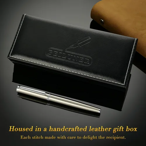 Miniatura 5 de BEILUNER Conjunto de pluma estilográfica de lujo, plumín fino sólido bañado en oro 24K, cuerpo de acero inoxidable plateado - Incluye 6 cartuchos