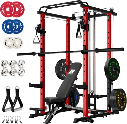 RitFit El paquete multifunción de garaje y gimnasio en casa incluye jaula de potencia de 1200 libras PPC03/P3 con sistema de cruce de cables, banco