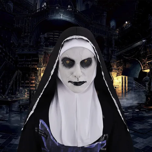 Miniatura 5 de Starsouce Máscara de monja de látex aterradora con bufanda, disfraz de monja de terror, máscaras de cabeza completa para disfraces de Halloween