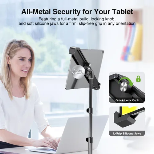 Miniatura 2 de elitehood Soporte de aluminio para iPad con soporte diagonal para tableta, trípode para iPad de 65 pulgadas de altura ajustable, trípode giratorio
