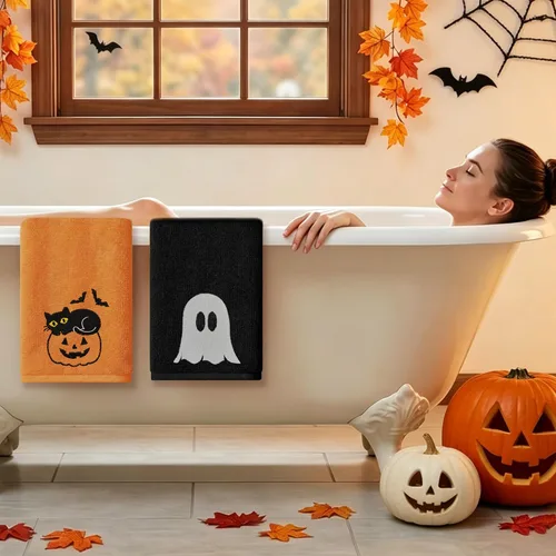 Miniatura 4 de Hexagram Halloween Hand Towels for Bathroom Set of 2, Black and Orange Halloween Bathroom Decor Embroidered Ghost Pattern, Soft Luxury Hand Towels