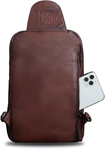 Miniatura 3 de IVTG Bolso bandolera de cuero genuino para hombres y mujeres vintage de piel de vaca real mochila bandolera bolsa de pecho, Café, Mochilas Sling
