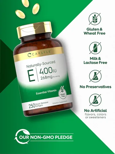 Miniatura 4 de Carlyle Cápsulas blandas de vitamina E de 400 UI 250 unidades Suplemento de origen natural para hombres y mujeres Sin OMG y sin gluten