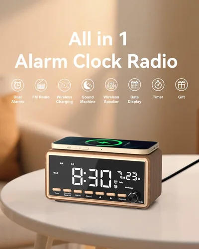 Miniatura 2 de Radio despertador digital para dormitorios, radio FM y máquina de sonido de ruido blanco con temporizador, altavoz Bluetooth, reloj despertador dual