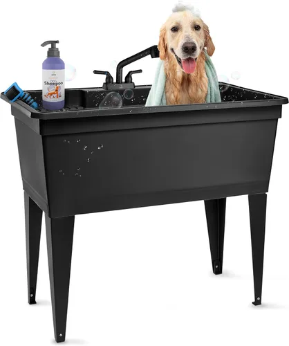 Miniatura 8 de Tehila - Fregadero independiente de doble ancho con patas de acero y grifo extraíble negro, multiusos, resistente para lavandería y fregadero de Gris