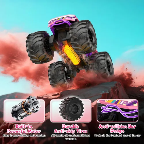 Miniatura 7 de Auto de control remoto anfibio, camión monstruo rosa 1:18, juguetes para niñas, autos RC de 2.4 GHz, camiones RC impermeables de 2.4 GHz, camioneta