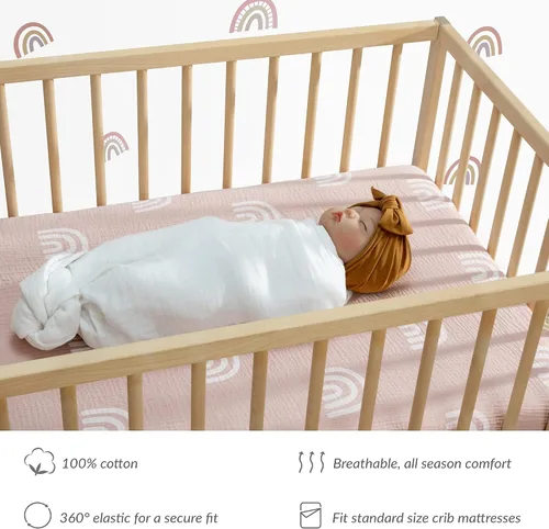 Miniatura 6 de Meracorallo Sábana bajera ajustable de muselina para cuna, suave y transpirable, sábana de cuna para bebé con diseño de arcoíris para cunas estándar