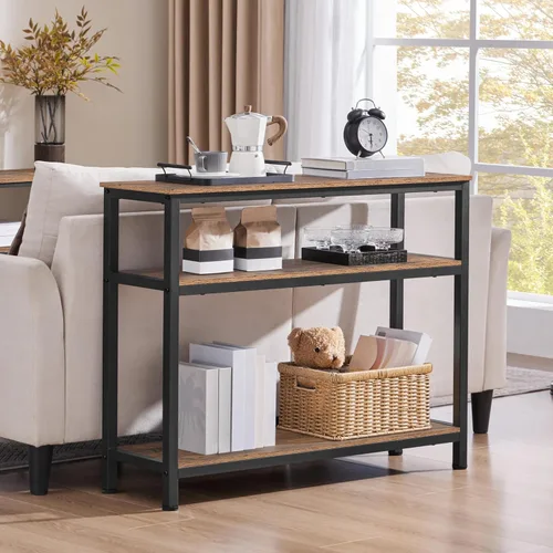 Miniatura 4 de Yaheetech Mesa consola industrial, mesa de entrada de 3 niveles con estantes de almacenamiento, mesas de sofá estrechas para sala de estar, Marrón