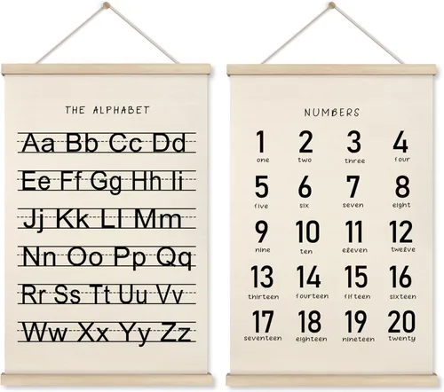 Miniatura 21 de HRQKO Juego de Marco para Póster de Alfabeto y Números, Decoración de Pared para Niñas, Arte de Pared Boho ABC con Marcos de Madera, Bandera