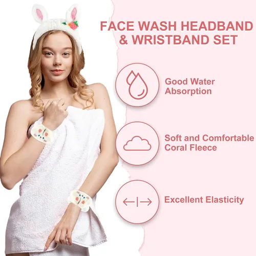 Miniatura 4 de CAVETEE Juego de 3 piezas de diadema linda - Diadema elástica cosmética de spa, pulsera para mujeres, cuidado facial y ducha Oreja de conejo blanco