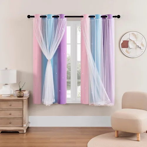Miniatura 76 de XiDi Cortinas opacas con estrellas para habitaciones de niños, cortinas verdes para ventana de dormitorio de niños, azul y gris, 52 pulgadas de Azul