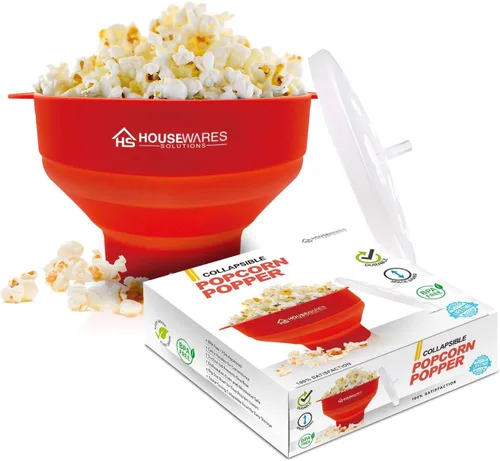 Bol de silicona plegable, para microondas, con aire caliente para palomitas de maíz, con tapa y asas. Rojo