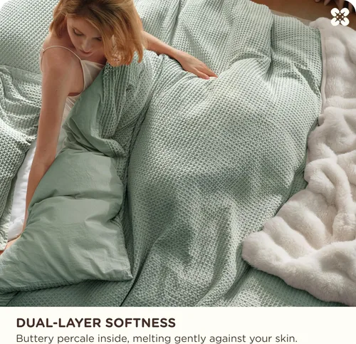 Miniatura 4 de Bedsure - Funda de edredón de algodón tamaño King - Funda nórdica 100% algodón con tejido en rombos color verde salvia, juego de ropa de cama 11